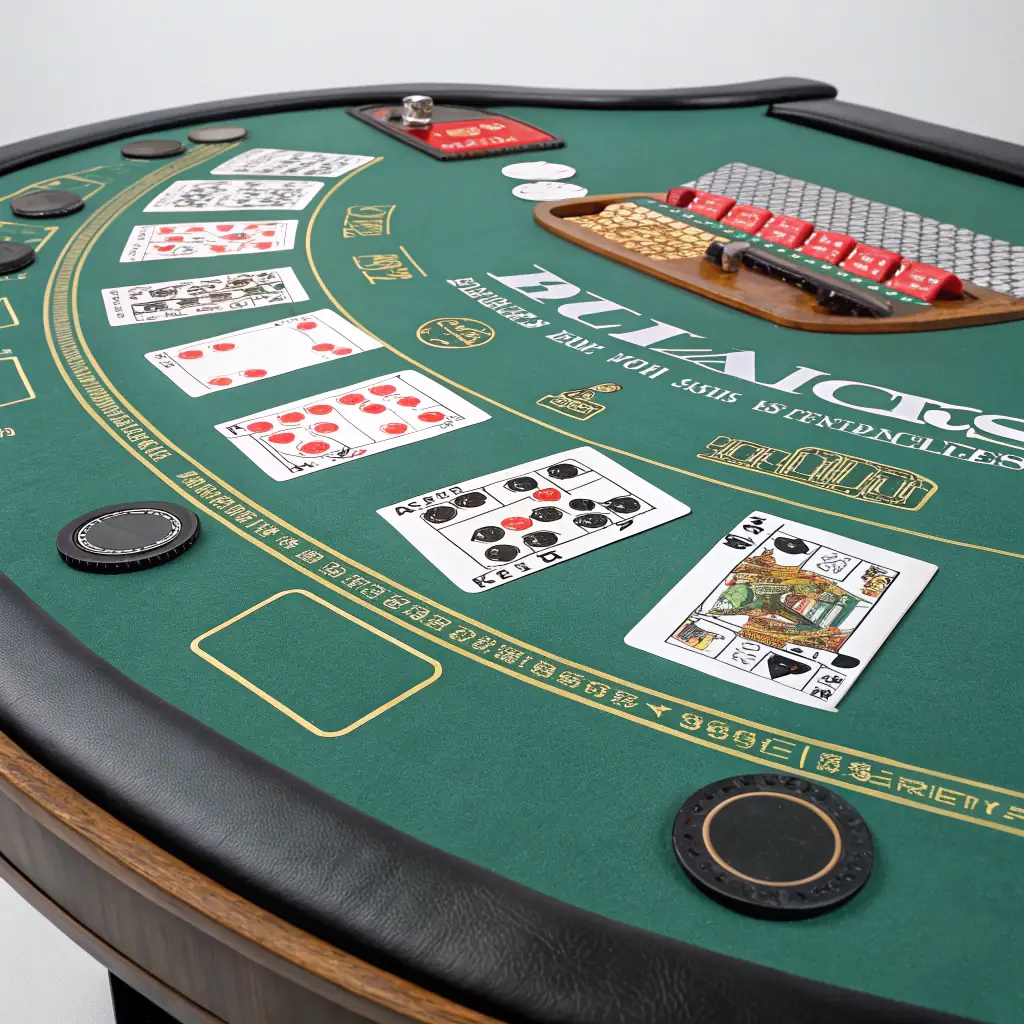 An image illustrating various Blackjack betting options, such as splitting, doubling down, and insurance bets, set against a backdrop of a Blackjack table.